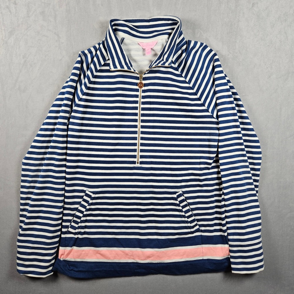 Lilly Pulitzer Skipper Popover Sweatshirt Womens Large Blue Striped Quarter Zip